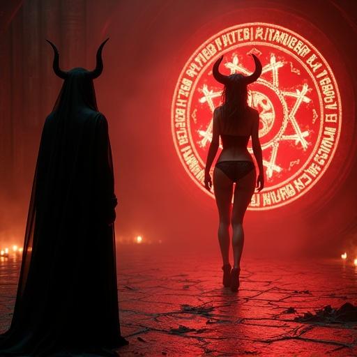 Female summoner stands before a glowing summoning circle. Demon emerges in crimson light and smoke. Demon has black horns and glowing eyes. Wearing revealing armor with enchanted sigils. Background is ancient ritual hall, dark stone, lit by candles. Air filled with smoke and ash. Summoner is composed and hidden behind a veil.