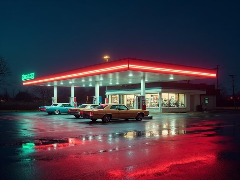 Retro gas station from the 1980s at night with neon lights. Wide canopy over fuel pumps. Simple geometric architecture. Small convenience store with glass windows. Classic cars parked at pumps. Quiet and nostalgic scene. Colorful reflections on wet pavement. Dark sky.