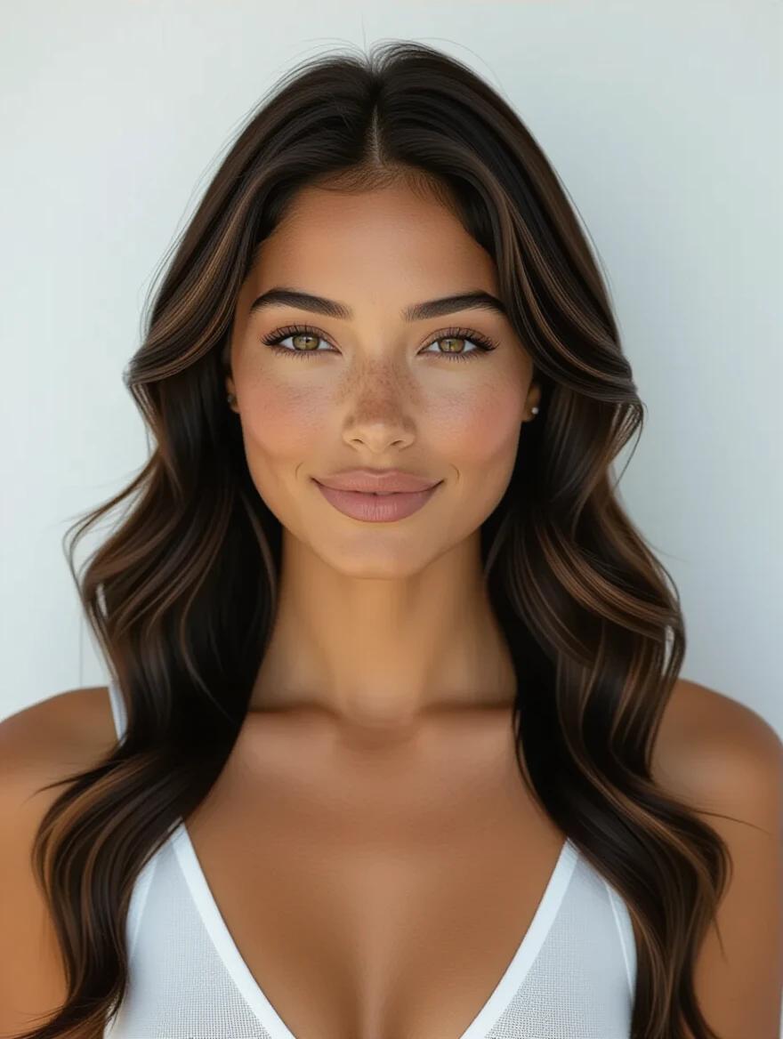 An ultra-realistic portrait of a woman. She has deep dark brown bronzed skin and high contrast tan lines. Her light green eyes are well-defined. Long wavy black hair has sun-kissed strands and subtle freckles on her cheeks. Background is a neutral white wall with soft lighting. She has a confident expression and a seductive smile.