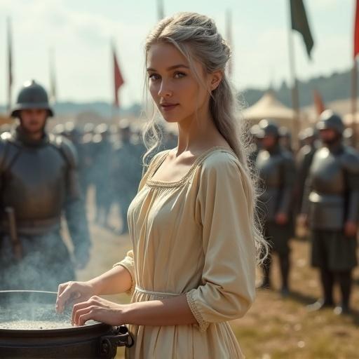 Half-body portrait of a young noblewoman with long silver hair in a loose bun wearing a pale gold dress. She is stirring a pot over an open fire outdoors in a military training ground surrounded by soldiers and cooking supplies. The scene features training dummies, tents, and banners under a clear sky, conveying warmth and duty amidst military life.