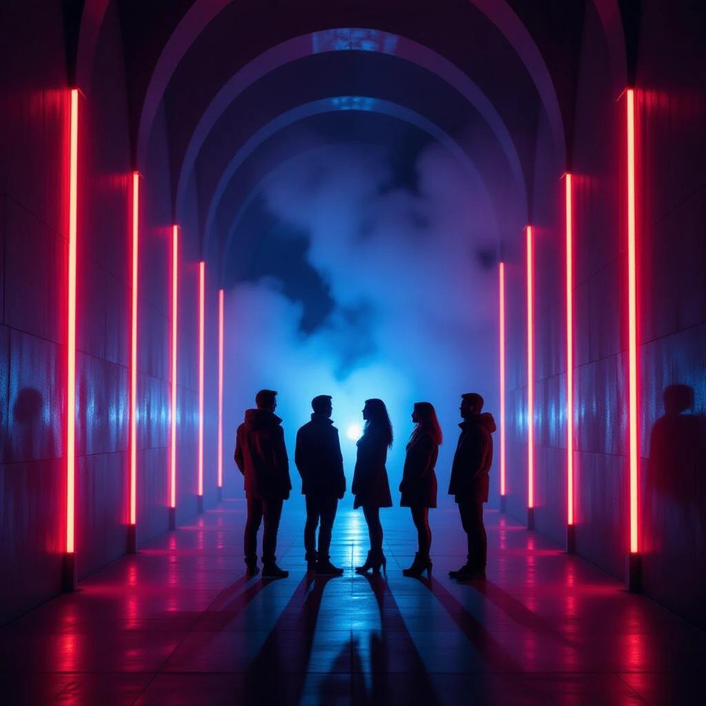 Four figures stand silhouetted in a dramatic corridor. Arched walls create depth. Vertical red neon tubes illuminate the space. Blue mist swirls in the center. Shadows blend with bright lights for a mysterious feel.