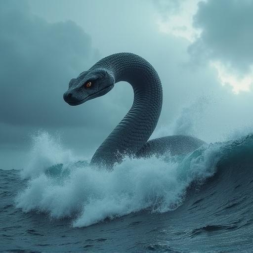 A huge dark silver grey snake fish sea monster rises from the ocean. Snake is realistic and 200 feet tall. Waves are crashing around it. A mist falls off in the air. The atmosphere is stormy with clouds. There are huge waves and foam. The lighting is dark and moody.