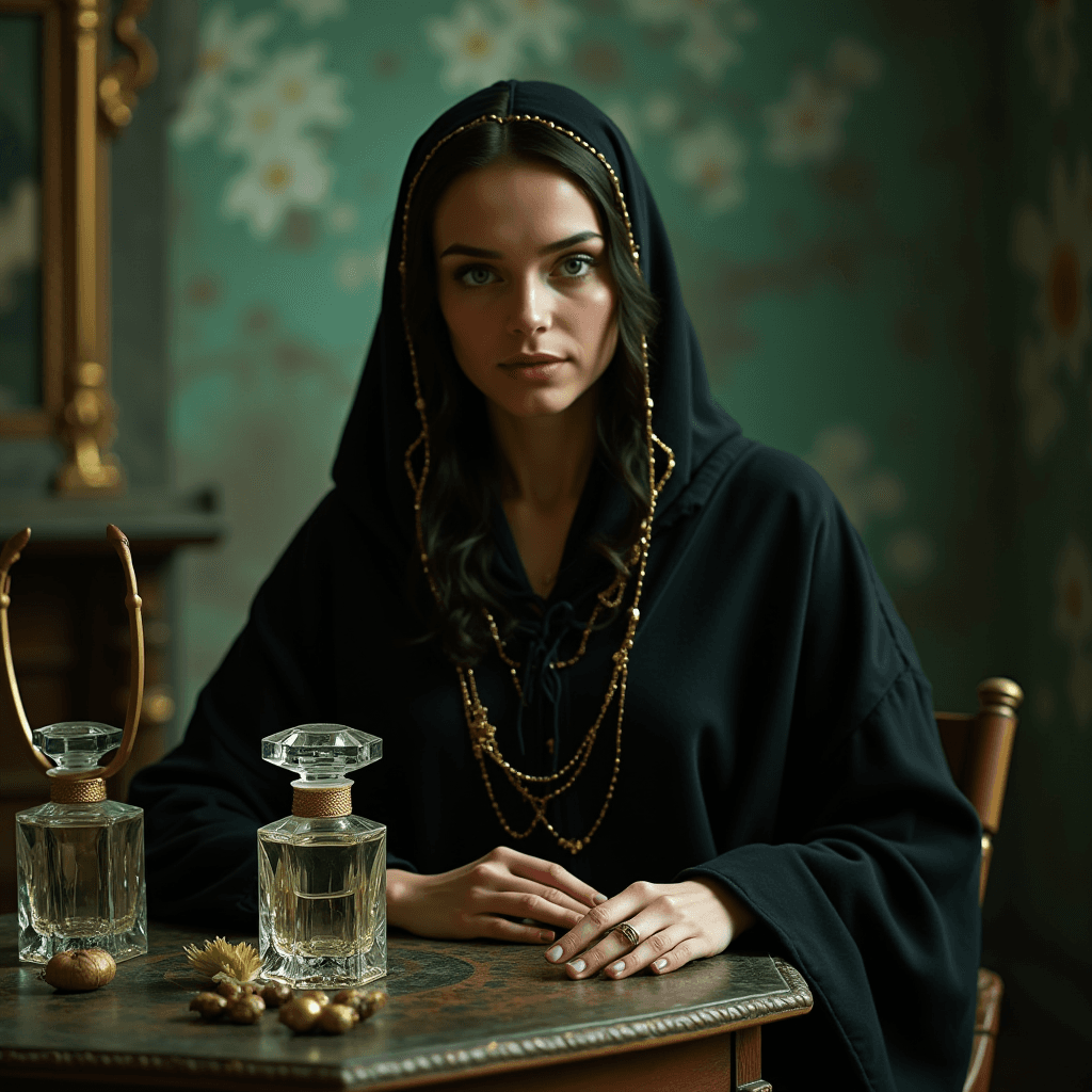 A woman in a dark, ornate outfit with a hood sits at a table with two decorative bottles and small objects.