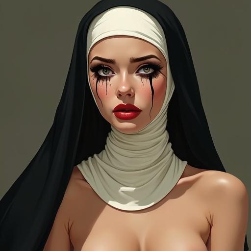 Stylized digital painting features a sorrowful nun with expressive features. She has almond-shaped eyes with long lashes and vertical black tear streaks. Full, crimson lips and a traditional habit with cream bandages. Her body is naked, adorned with makeup drops. Artwork style includes bold outlines and painterly gradients.