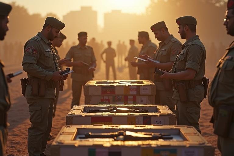 3D render of Indian soldiers examining foreign-made weapons crates labeled with foreign flags. Officers are taking notes. Side sunlight creates deep shadows. Ultra-realistic 4K quality. Bright detailed background. Cinematic 16:9 frame.