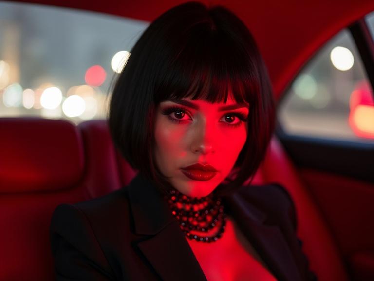 Rich gothic girl with short hair seated in a red luxury car. Cyber dark style is prominent.
