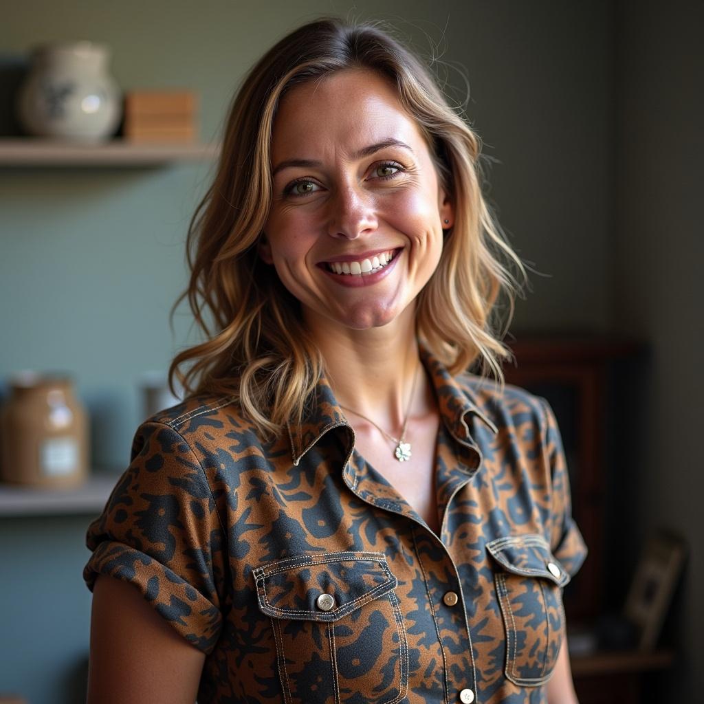 The image features a smiling woman with wavy hair, showcasing her joyful expression. She is wearing a patterned shirt, standing against a softly lit background. The colors are warm and earthy, creating an inviting atmosphere. The setting seems to reflect a cozy indoor space with simple decor. Overall, the image communicates a sense of happiness and approachability.