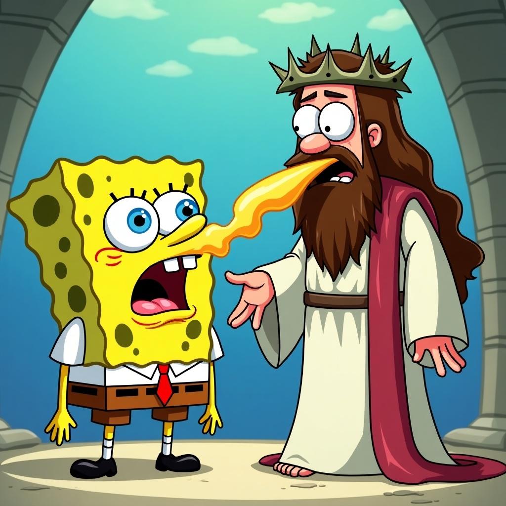 The image depicts SpongeBob SquarePants interacting with a long-haired man in white robes. The man, who sports a red sash and a crown of thorns, looks surprised. SpongeBob is dramatically expelling cheese sauce from his mouth, creating a comical and exaggerated scene. The setting is bright and cartoonish, reinforcing the humorous tone. This playful illustration combines elements of popular culture and humor to evoke laughter and surprise.