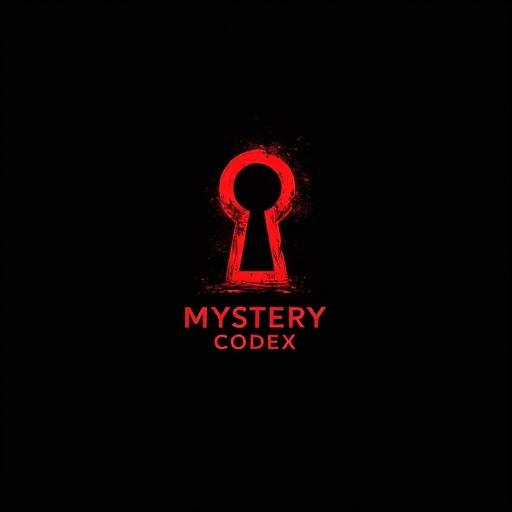 Minimalist logo for a mystery PDF on a black background. Features a modern keyhole design in vibrant red. Involves subtle blood splatter elements. Below the keyhole, the words 'Mystery Codex' in red. Clean and focused style with high contrast for impact.