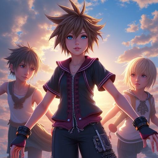 Characters from Kingdom Hearts 4 in anime style. Digital art depicts a vibrant, beautiful scene. Ideal for mobile wallpaper.
