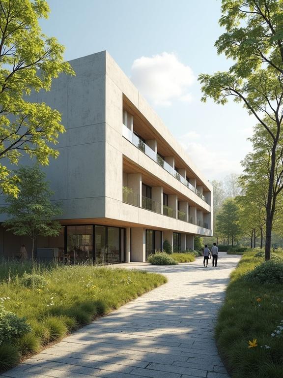 Modern artistic building for a school set in a large garden. Scene captured in the morning with a focus on photorealistic details. No people present. Building design emphasizes materials and textures. Follows the rule of thirds.