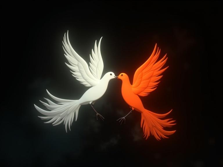 Animation features two birds one white one orange-red. Birds appear graceful in movements. Background is deep black. Subtle smoky effect surrounds birds. They create a sense of harmony.