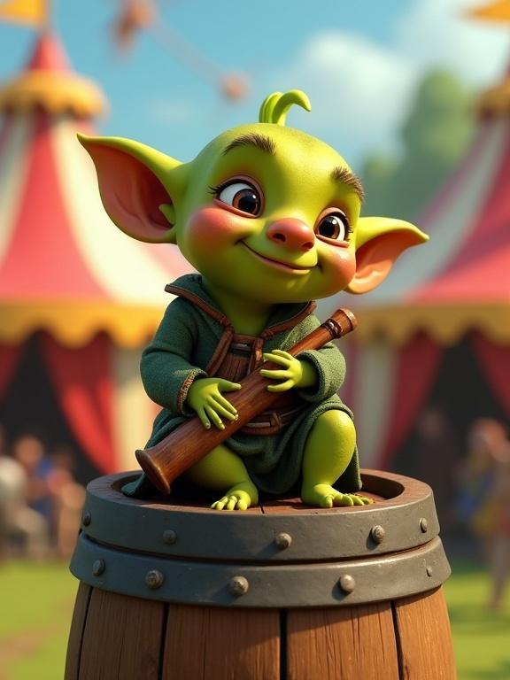 Tiny goblin bard with oversized flute, sitting on barrel. Green skin, red nose, round cheeks. Carnival with colorful tents in background. Cartoon animation style, no shadows or textures, inspired by 'Shrek'.