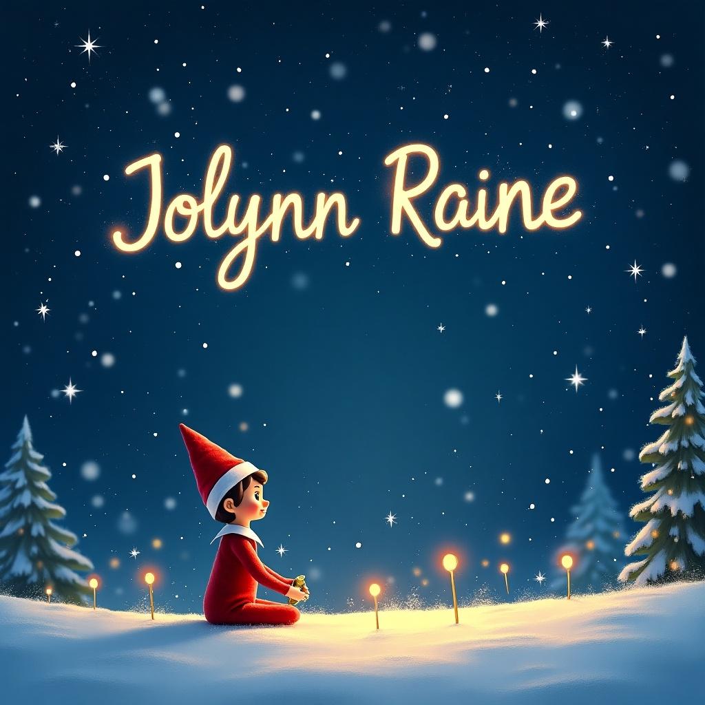 Create a magical Christmas scene with an Elf on the Shelf writing Jolynn Raine in the starry sky. Include snowy trees and festive elements.