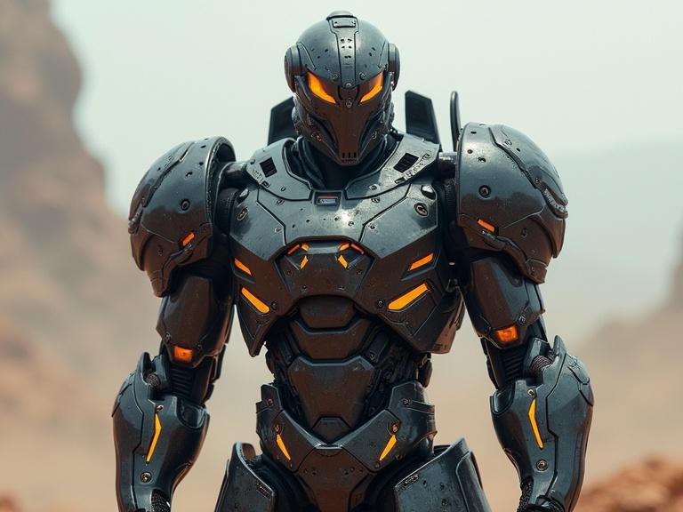 Futuristic mechanical battle mech styled power armor. Highly detailed robotic design with intricate features. Strong metallic appearance with orange accents. Ideal for a sci-fi themed project.