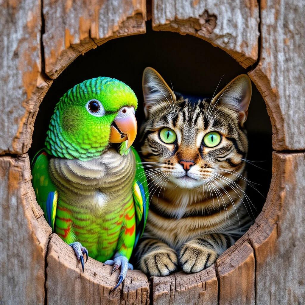 Charming scene of friendship between a green parrot and a striped tabby cat. Both animals peek from a rustic wooden hole. Bright green feathers on the parrot. Cat has soft fur and wide green eyes. A warm, natural feel to the image. Highly detailed and visually pleasing. Signed by artist El Magnifico. Dated 22.07.2025.