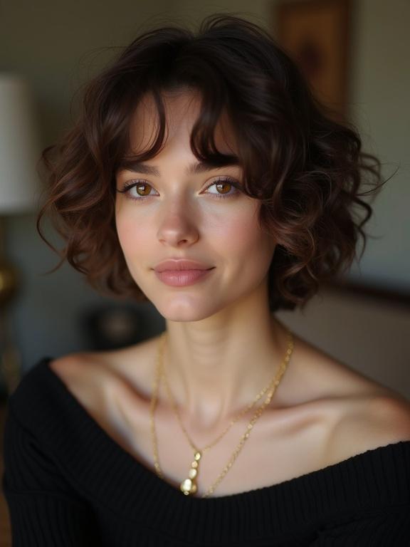 Woman with curly brown hair and brown eyes in a black off-the-shoulder sweater and gold necklace. Thoughtful gaze at the camera in a room with subtle background details.