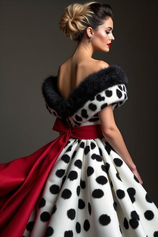 Elegant gown featuring black and white polka dots with a bold red sash. Upscale hairstyle styled into a royal braid or updo. Unique Dalmatian fur cape integrated as a dramatic feature.