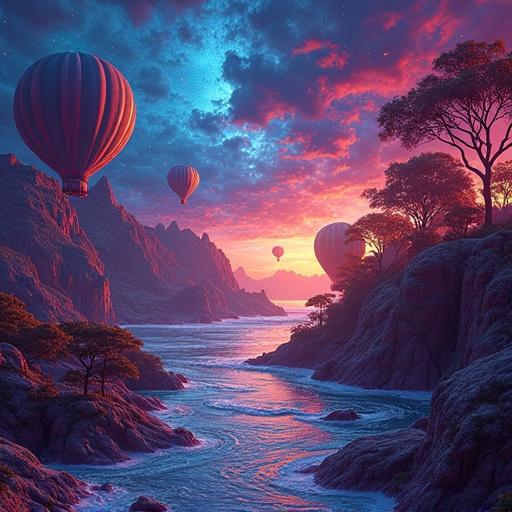Psychedelic landscape featuring a flowing river through mountains. Hot air balloons float in the sky. Bright sunset colors illuminate the scene. Lush greenery flanks the riverbank.