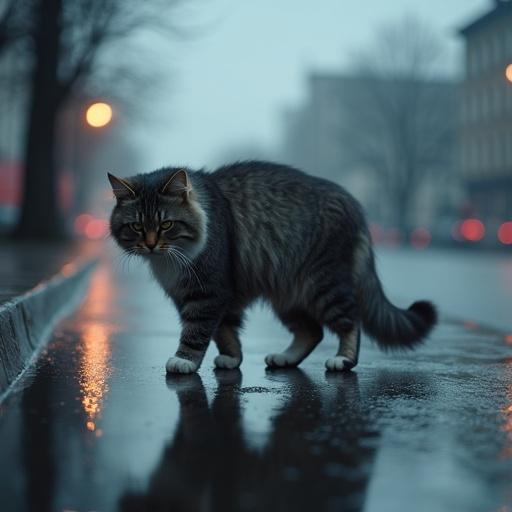 Photorealistic portrait of a sad gray Maine Coon cat with white paws walking on a wet street after rain. Cat passing by a large puddle reflecting silhouette and gloomy sky. Fur slightly ruffled, ears flattened, tail drooping, visible melancholy in eyes. Wet pavement glistening with blurred streetlights and hazy urban buildings in background.