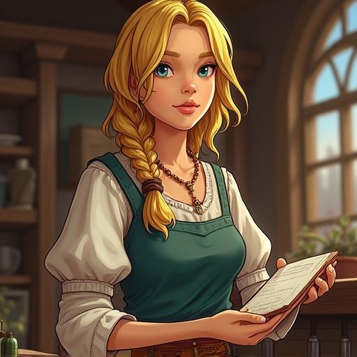 Costumed like a Dragon Quest villager. Human woman with blonde hair in braids. Works at an inn. Animated drawing. Full body view.