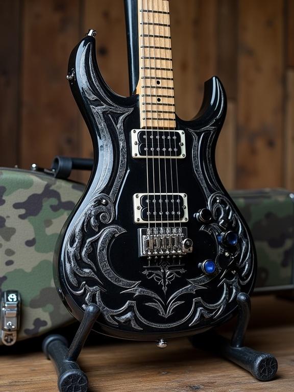A B.C. Rich Warlock guitar stands on a guitar stand. The carrying case is camo patterned. The guitar displays a medieval style design with a black and white color scheme.
