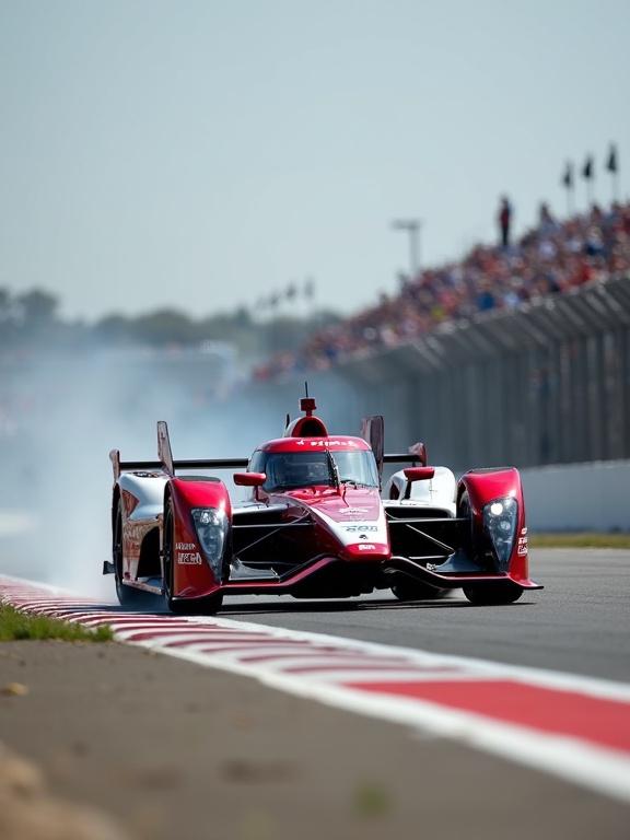 Nissan Formula E car in action on the racing circuit. Wheel in mid-air. Smoke from tires. Crowd in the background. Bright sunny day.
