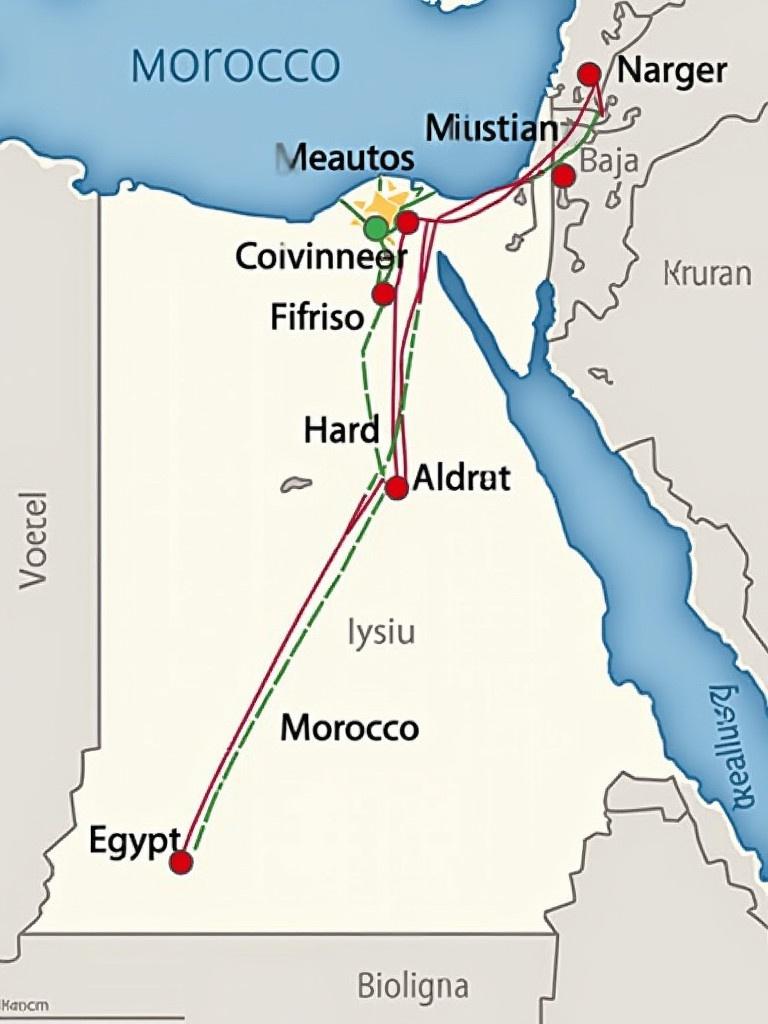 Detailed map shows routes connecting Morocco to Egypt. Displays air rail road and maritime transport options. Routes are marked with green and red lines. Geographical features outlined clearly.