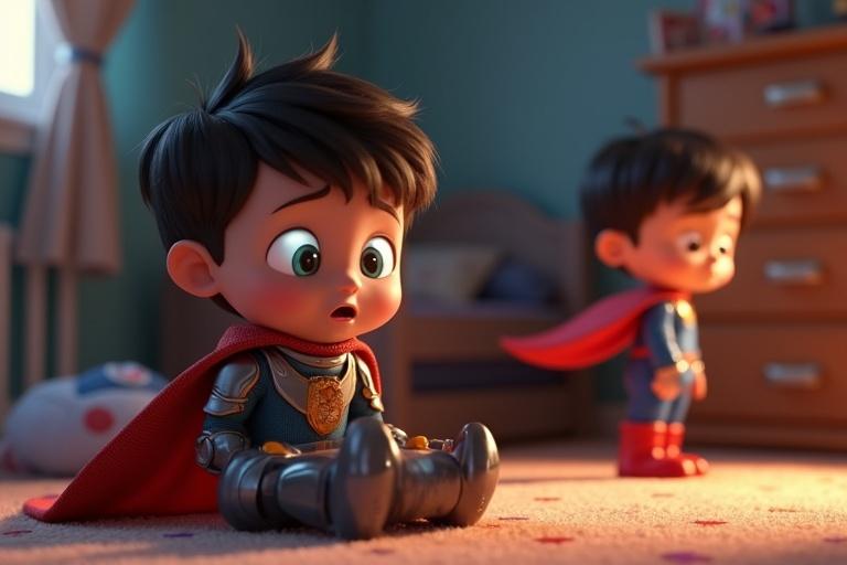 Scene features a young boy playing with a futuristic toy Zumo seated on a colorful carpet.  In the background, another toy superhero with a red cape stands looking sad. The bedroom is bright and cheerful with soft lighting.