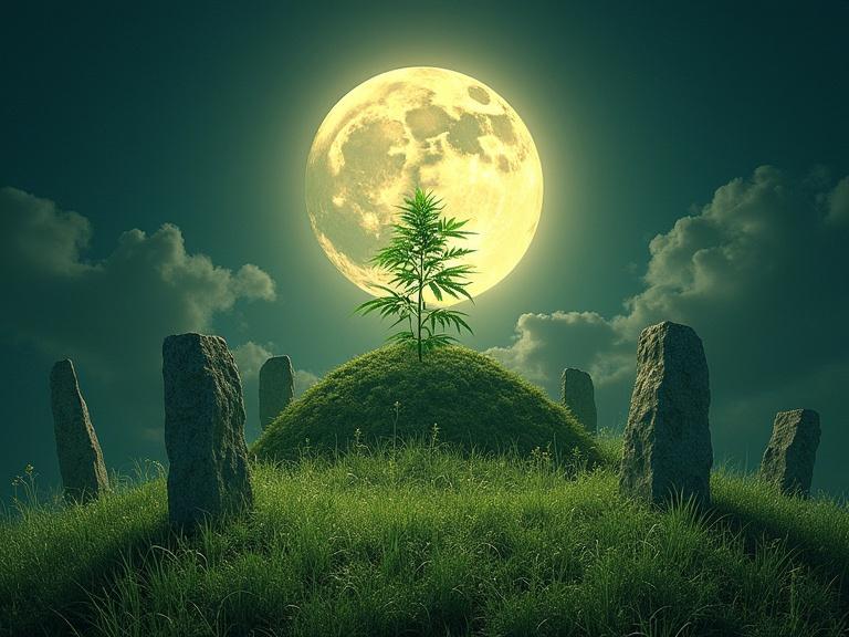 A glowing full moon above an ancient mound with a cannabis plant at its center. The scene features kerbstones shimmering with light. Set in a mystical, enchanted realism style with Celtic fusion elements.