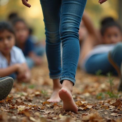 Girl walks barefoot in jeans on faces of laying down classmates.