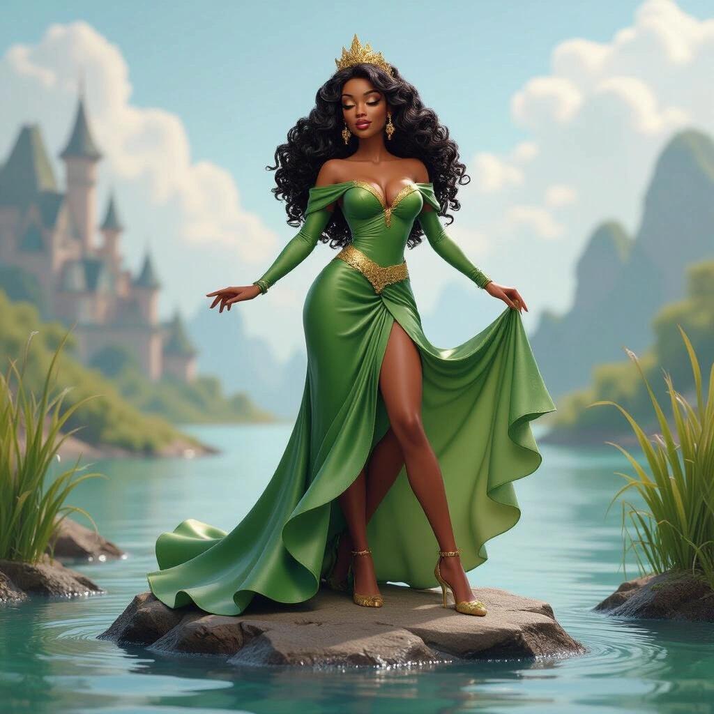 Ultra detailed resin figure inspired by Disney's princess Tiana. Dark-skinned woman in an elegant pose on a rock by the water. She wears a long, flowing green and gold dress. Her hair is long and curly. Pursed lips ready to kiss a toad. Ideal for a sensual collectible. Fully connected for resin printing.