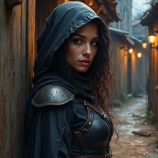 Artistic acrylic multilayered watery sketch showcasing a night portrait of a medieval woman assassin wearing a leather hoodie cape and dark turtleneck shirt. She has a buckled torso armor and matching bracers. Standing in a small town alley, her gaze is serene yet calculating. Features include muscular build, delicate face with freckles, curly dark hair, and honey-colored eyes. The chiaroscuro lighting emphasizes the armor details and the rustic surroundings, creating a mystical atmosphere.