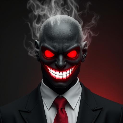 A man with a dark face and whole red eyes. Wearing a suit that is half black and half white. He has a red tie. Smiling with sharp white teeth. His face is flat and black without a nose. The face is slightly square with white flames emanating from it.