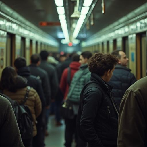 Image depicts a crowded train station filled with commuters. Passengers are densely packed in the carriage. The environment shows urban commuting patterns. The interior has a modern design with soft lighting. People exhibit diverse clothing styles and ethnic backgrounds.