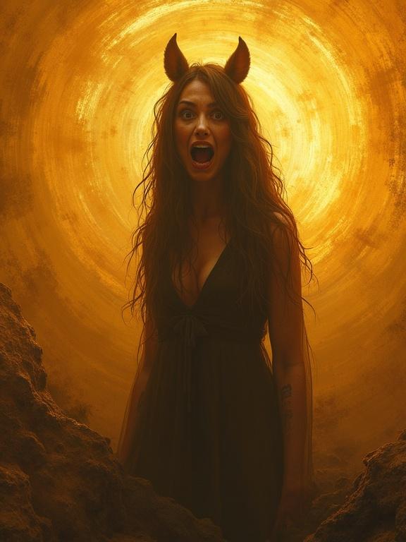A stunning portrait captures a figure with long hair and horns. The figure stands in an eerie landscape. Expression shows deep disappointment and astonishment. Eyes wide and mouth agape. Warm amber and gold hues blend with contrasts. Background features surreal, shifting patterns. 300 dpi. Breathtaking sharpness. Female power.