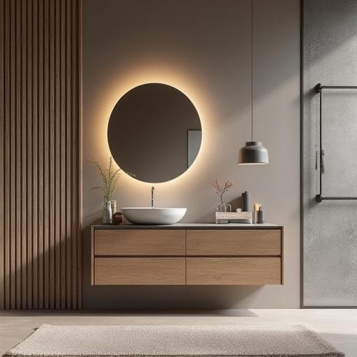 Modern bathroom interior with a minimalist design featuring a wooden vanity and circular mirror. Colors include green, red, yellow, and white. Emphasis on simplicity and elegance.