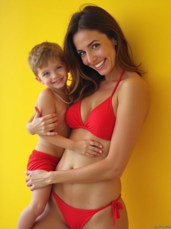 Mother and son in red swimwear pose together. Bright yellow background enhances the playful nature of the image. Vibrant colors dominate the scene. Casual candid snapshot captures a joyful moment. Flirty smile adds to the playful atmosphere. Low-resolution quality gives a vintage feel.