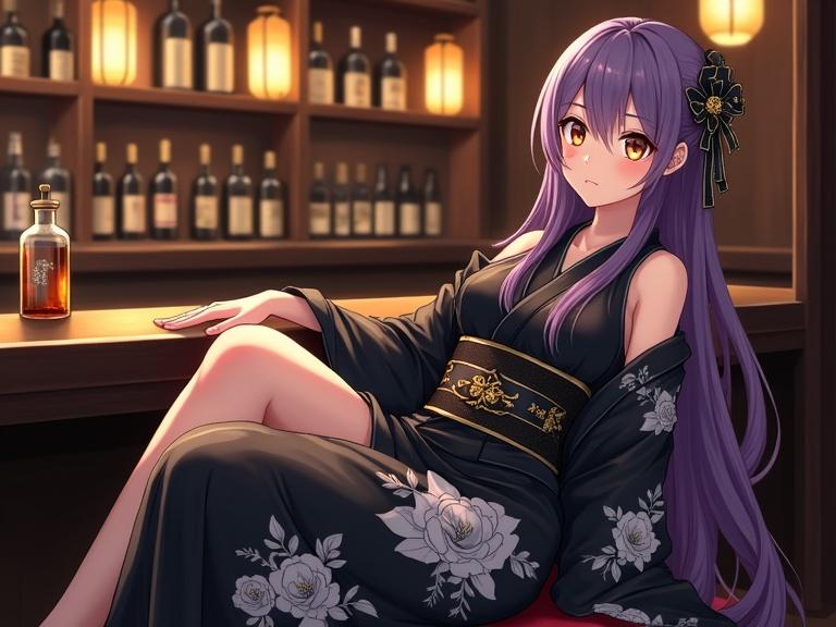 Anime woman with violet hair and brown eyes. Wearing black kimono with floral patterns. Poised elegantly on a cushioned bench in a Japanese bar surrounded by bottles. Dim evening light with glowing lanterns.