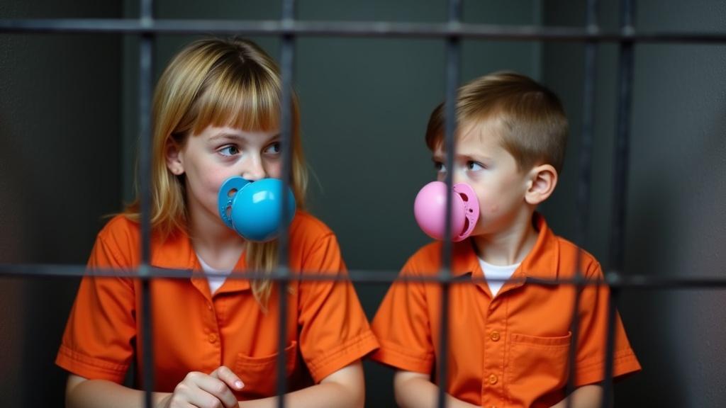 Two characters sit in a jail cell. Both wear orange jumpsuits and oversized pacifiers. The child has a blue pacifier while the mother has a pink one. The mother playfully explains prison behavior rules. Both appear happy.