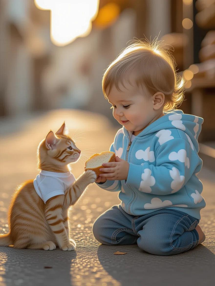 A young child kneels on the ground. A small orange kitten reaches for a piece of bread. The child wears a blue hoodie with white clouds. The scene is filled with warm golden light. Background shows a quiet street near a bakery. The moment reflects kindness and care. The kitten looks hopeful as it seeks food.