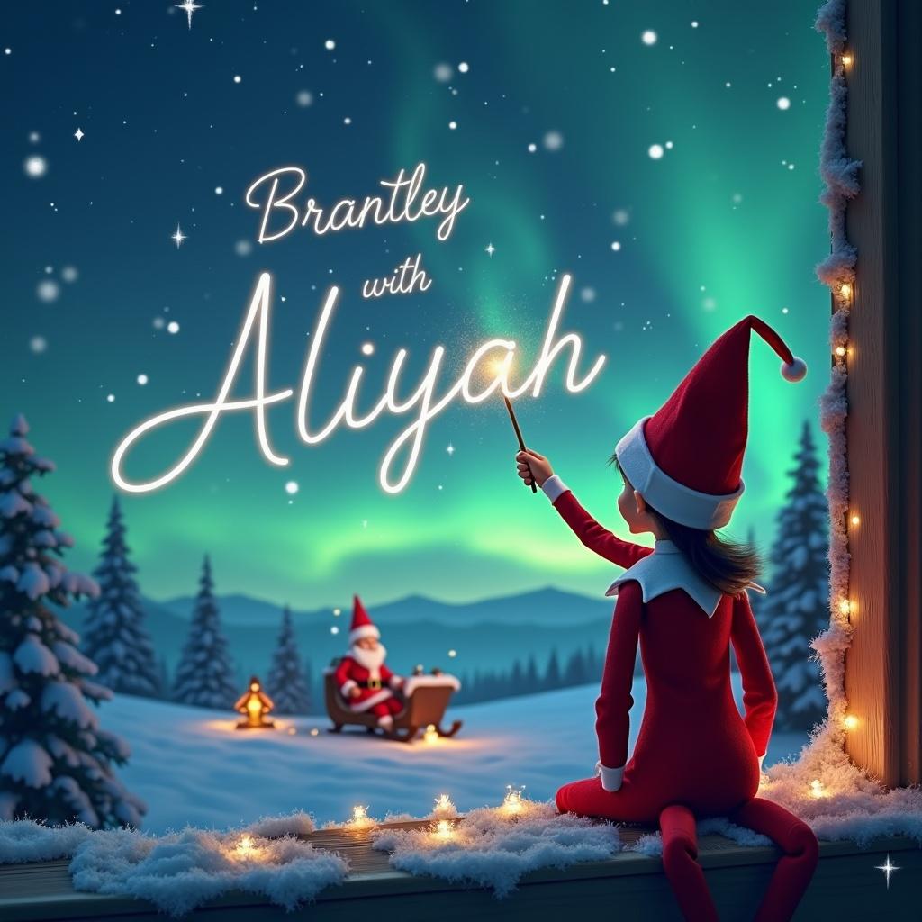 A whimsical scene featuring an elf girl sitting with her back to the viewer, looking up at the enchanting sky. She is using a magic wand to elegantly script the names 'Brantley' and 'Aliyah' in bright letters. The background showcases a beautiful winter landscape with the northern lights shimmering above. In the distance, Santa can be seen enjoying the snowy surroundings. The atmosphere is filled with holiday cheer and magic.