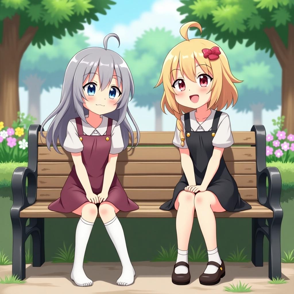 Two animated characters are sitting on a bench in a park. Characters have happy faces. Surrounding features trees and flowers.