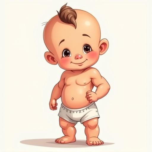 Cartoon illustration of a muscular baby standing confidently. The baby has a happy expression and a stylish hairstyle. The setting is neutral.