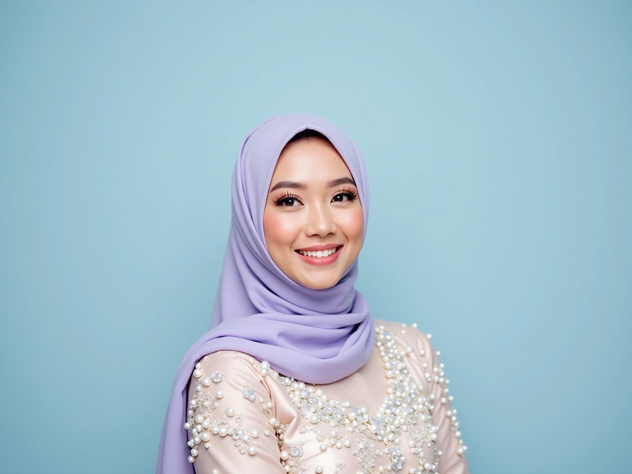 The image features a woman wearing a lavender hijab. She has a friendly smile and is looking directly at the camera. Her attire is an elegant top that has intricate designs, adorned with beads in shades of pearl and pastel colors. The background is a soft blue, which complements her outfit and adds to the overall aesthetic. She appears to have light makeup, enhancing her natural features. This setting gives an impression of a special occasion or a photoshoot.