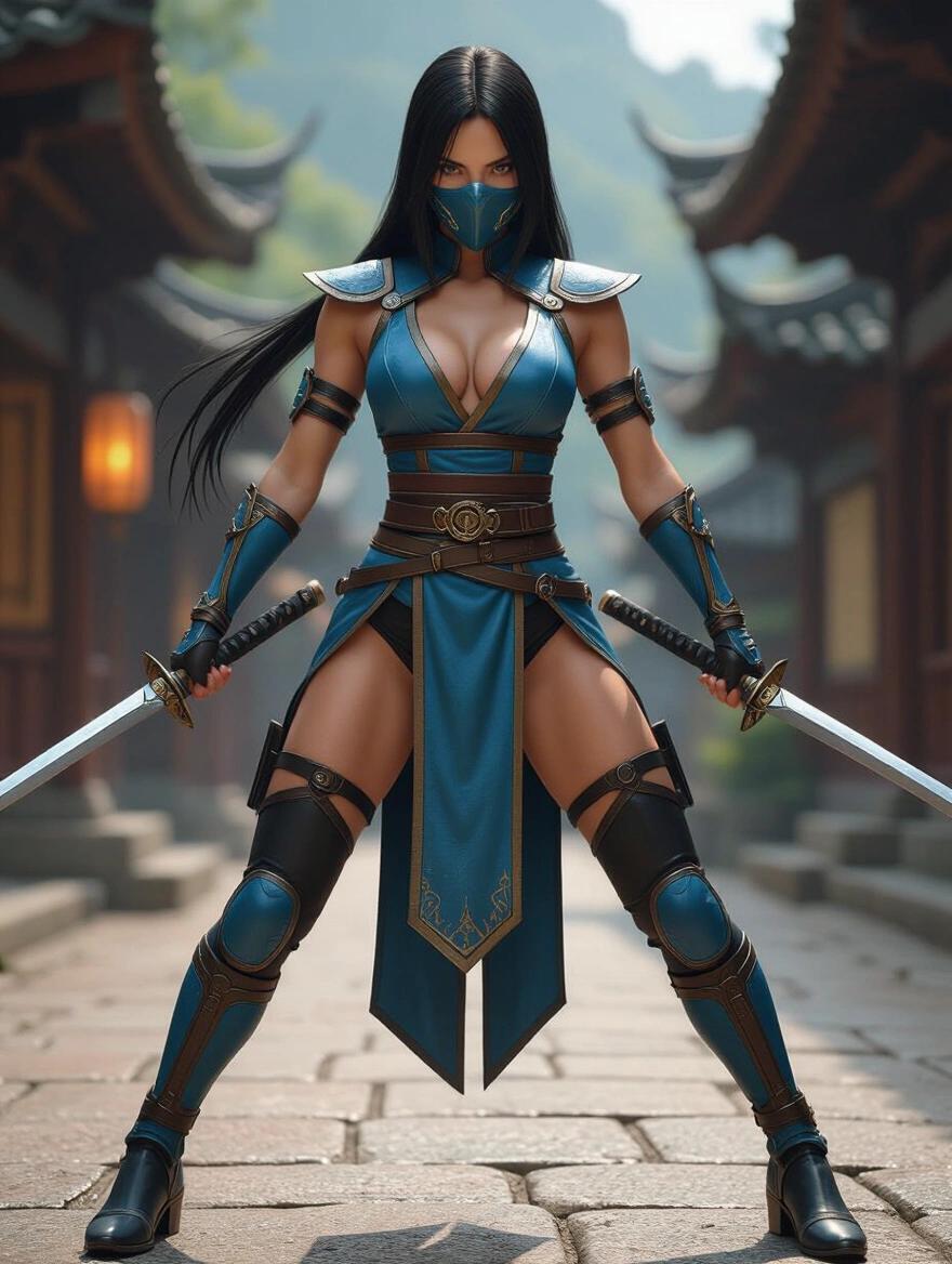 Realistic photo of a character inspired by a popular video game series. Character dressed in blue ninja attire with swords and striking a powerful pose in an ancient setting.