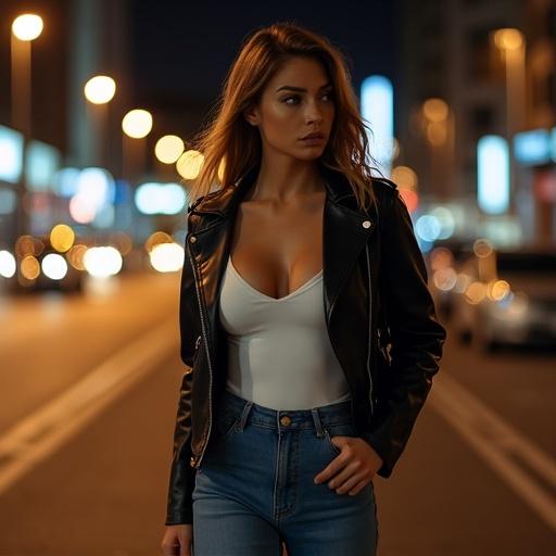 Young woman walks down city street at night. She wears white satin bodysuit, black leather jacket, and blue jeans. Sultry expression while looking over shoulder. Scene lit by warm streetlights. Stylish, minimal background. Cinematic lighting.