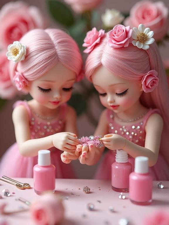 Two miniature women with pink hair styled with roses decorate an oversized fingernail. They wear pink sparkly dresses. Flowers and rhinestones are used for decoration. Nail polish bottles and brushes are on the table. The scene is surrounded by pink roses.