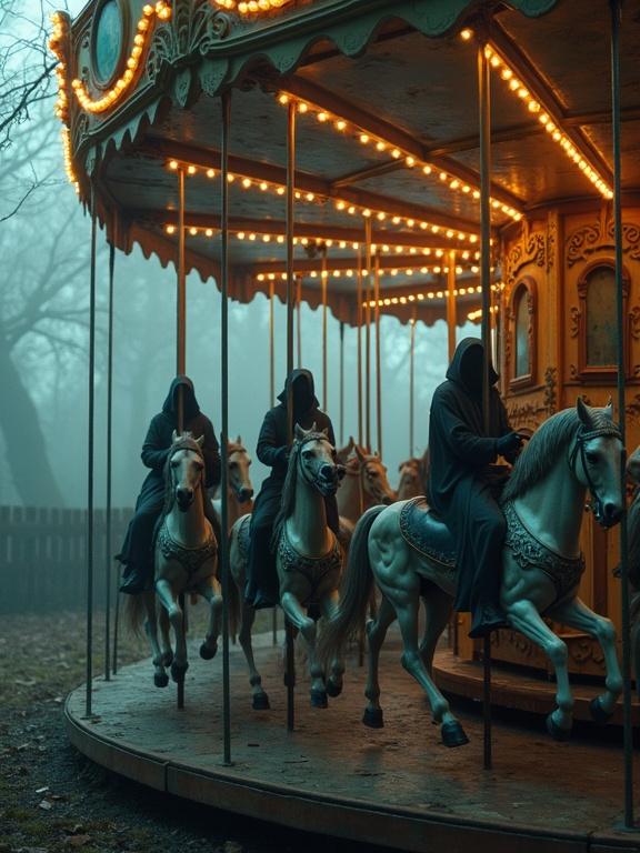 A haunted carousel with skeletal horses and ghostly riders. Each ride takes its passengers closer to the realm of the dead. A twisted amusement for the souls trapped between worlds.