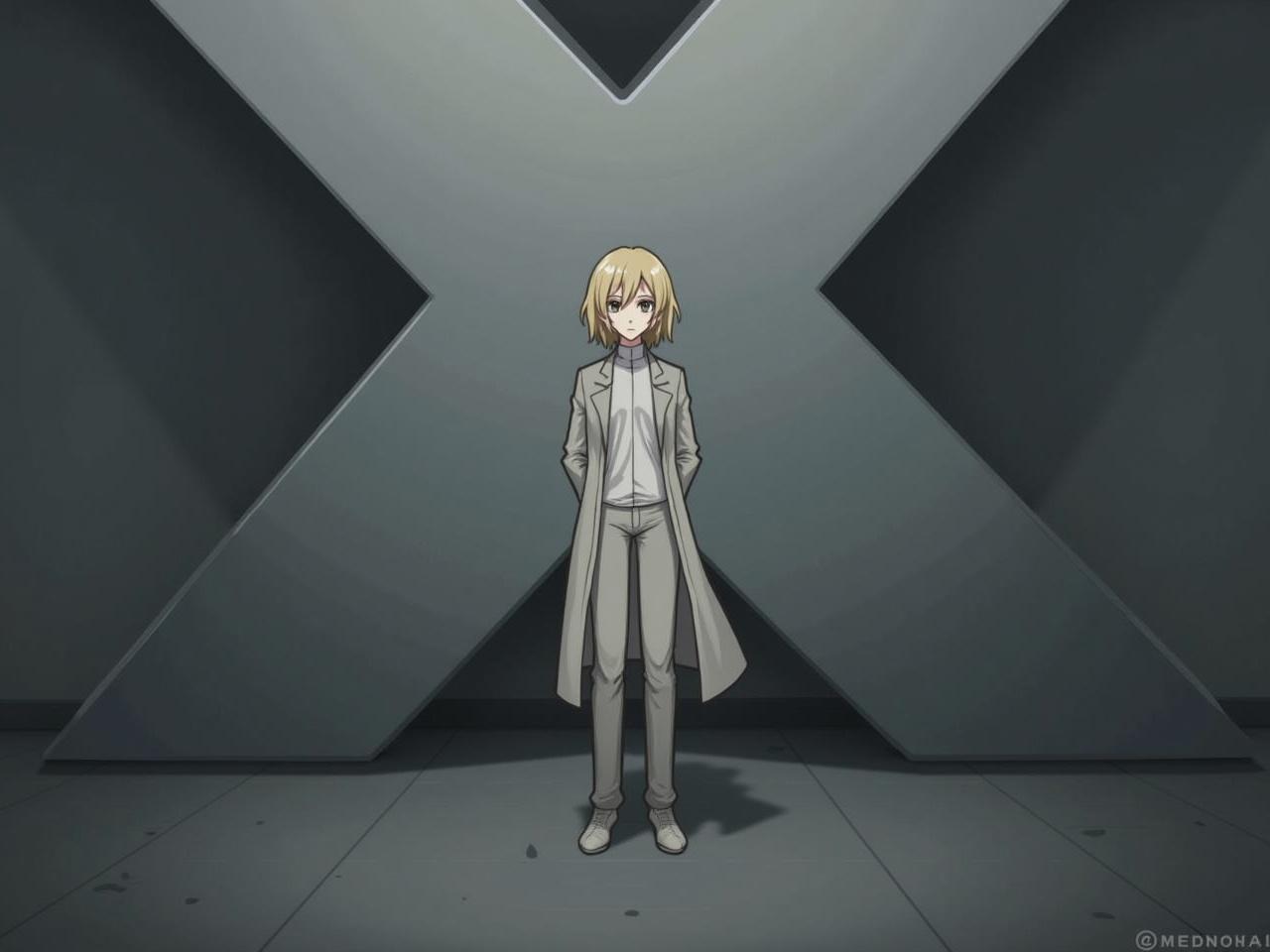 The image shows a woman standing in a modern, minimalist space. She has short blonde hair and is wearing a light gray outfit with a long coat and pants. The background features a large, abstract gray structure resembling an 'X'. The atmosphere appears somewhat dramatic and subdued, suggesting a serious tone. The lighting casts soft shadows, enhancing the character's contemplative expression.